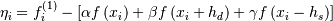 \eta_{i} = f_{i}^{\left(1\right)} -
            \left[ \alpha f\left(x_{i}\right) +
                    \beta f\left(x_{i} + h_{d}\right) +
                    \gamma f\left(x_{i}-h_{s}\right)
            \right]