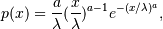 p(x) = \frac{a}
{\lambda}(\frac{x}{\lambda})^{a-1}e^{-(x/\lambda)^a},